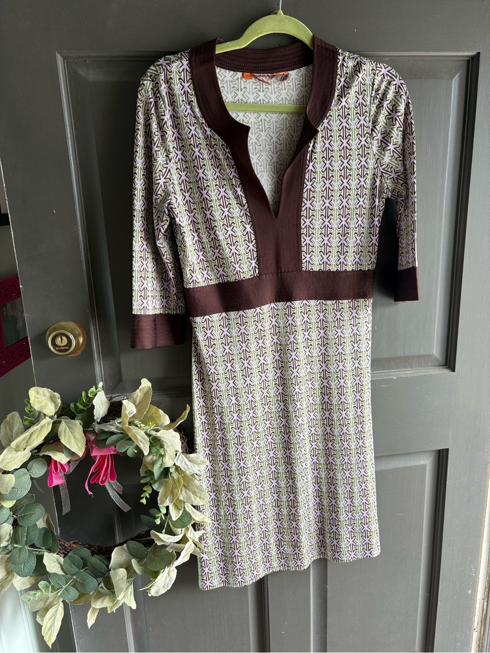 Women’s Patterned Knit Dress in Brown Lilac & mint Green - Classic V-Neck